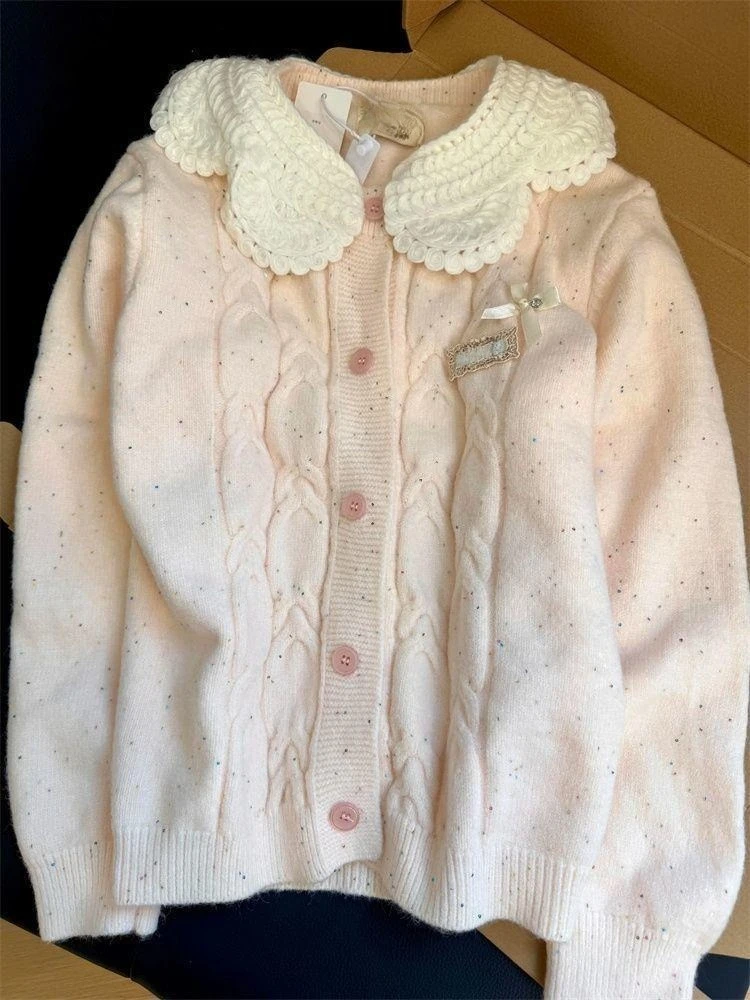 Kawaii Coquette Korean Sweet Pink Loose Petite Knitted Cardigan Women Peter Pan Collar Bowknot Lace Trim Winter Harajuku Outfit