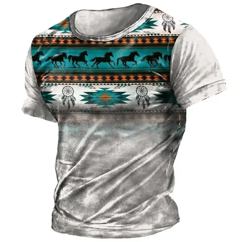 2024 Summer vintage Mystery Tribe printed men's T-shirt Breathable loose short sleeve top Outdoor sports plus size men's T-shirt