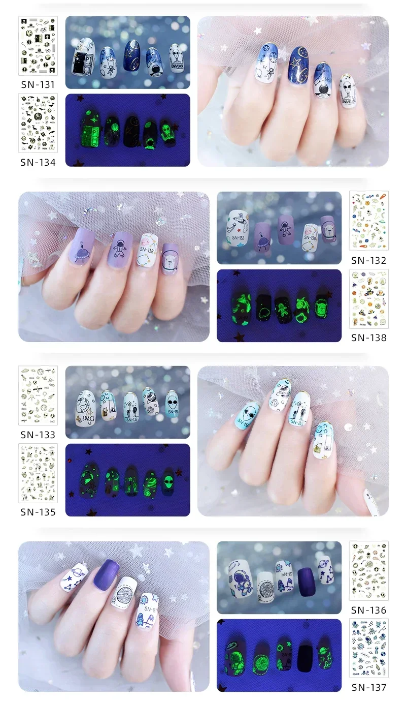 Spaceman Extraterrestrial Nail Art Luminous Night Nail Sticker Outer Space Spaceship  Nail Tattoo Moustache Art For Girls  Boys