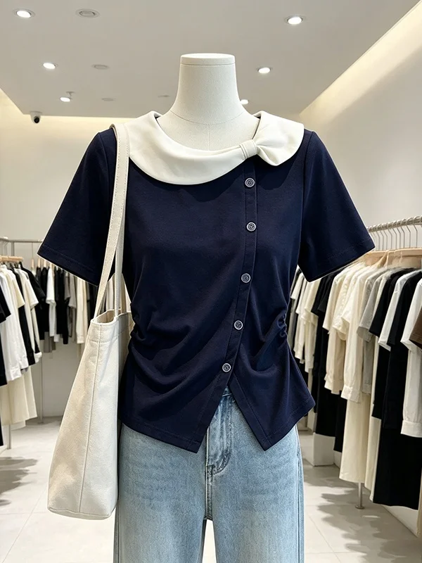 

Синяя футболка с воротником-стойкой и коротким рукавом, с асимметричным разрезом и утягивающей талией, для женщин, удобная, дышащая, летняя, модная