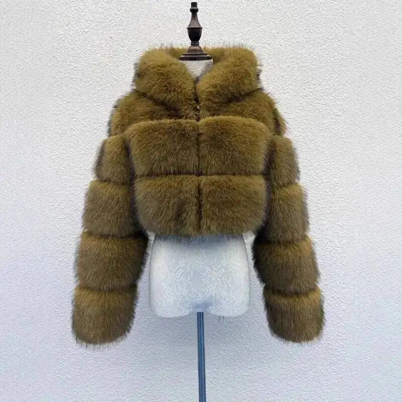S-6XL Women Coat Autumn Winter Short Hooded Faux Fox Fur Coat Thick Warm Outerwear Fake Fur Woman Jackets Ladies Furry Coats