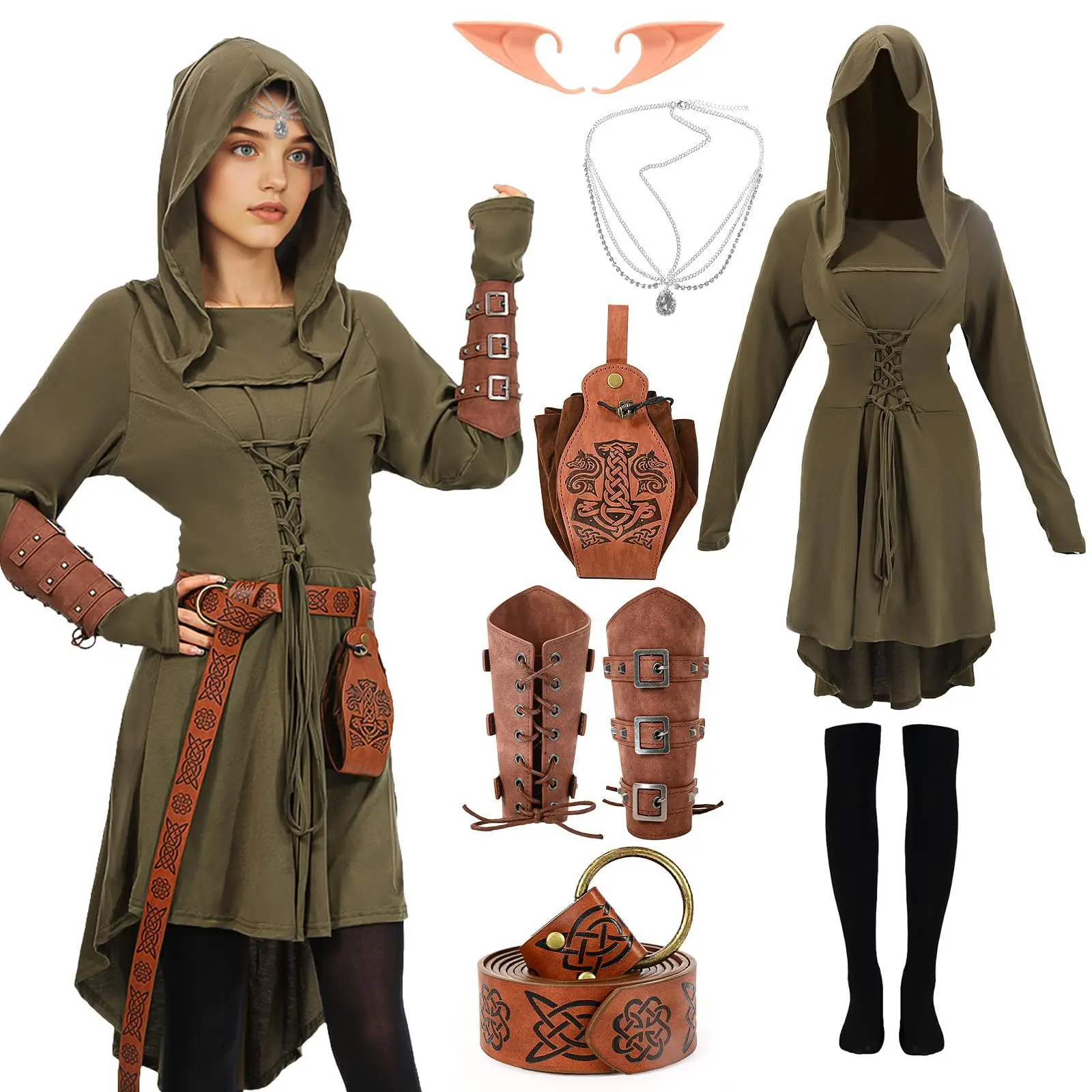 

7PCS Renaissance Medieval Costume Women Hooded Fairy Dress Lace Up Outfits with Vintage Arm Pouch Belt Faux Leather