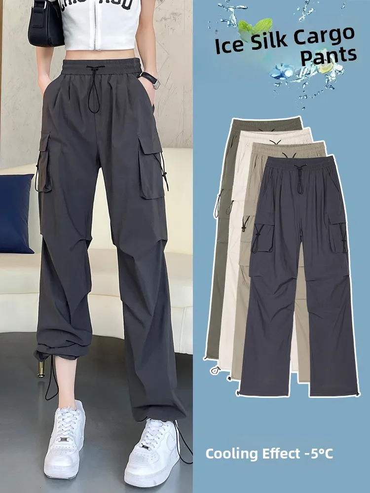 

Retro American Work Pants Women's Summer Thin High Waist Wide Leg ey Sports Pants Qui Dry Casual Trousers for ort Women