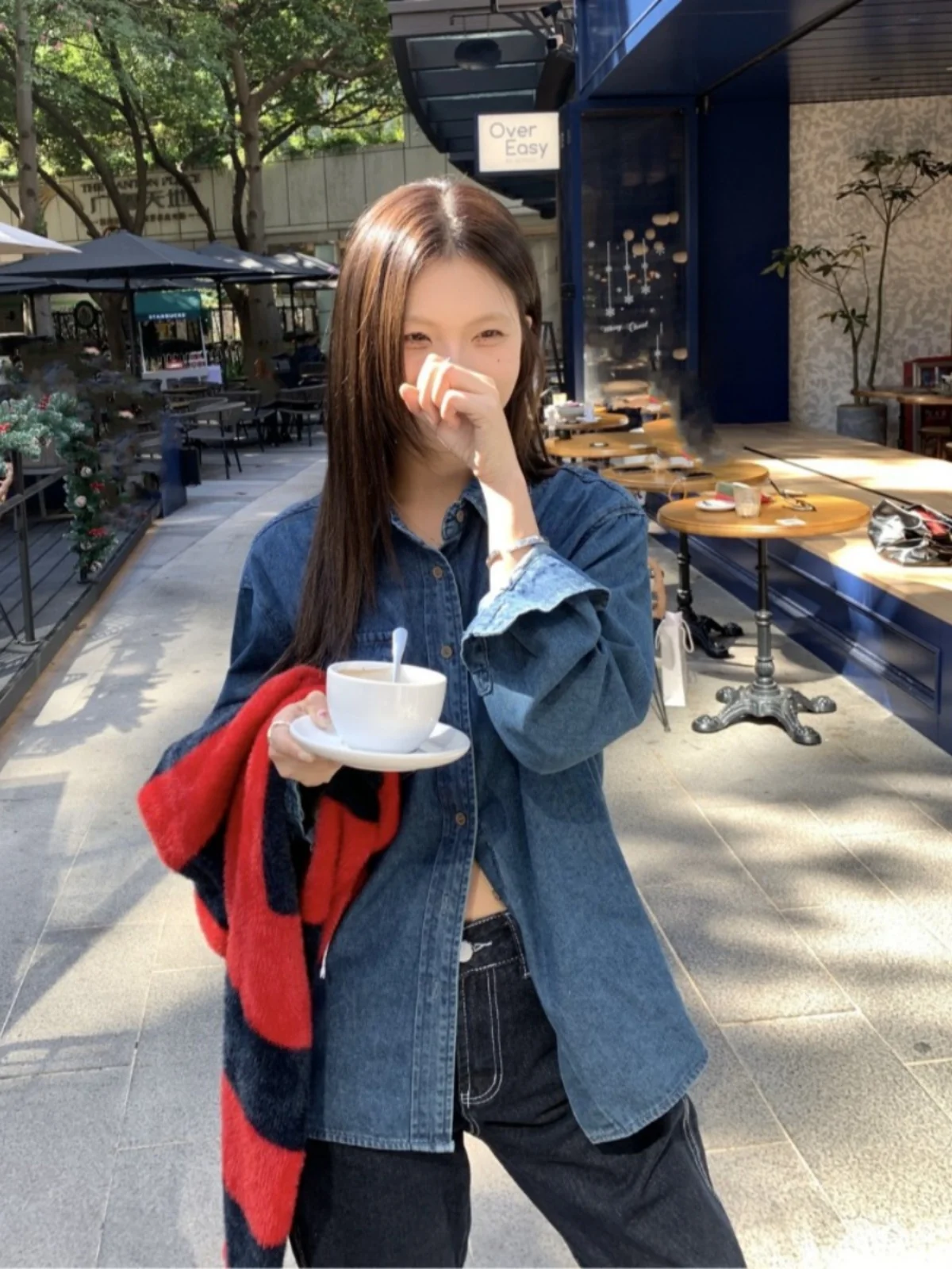 

Denim Coats Jacket For Women Womens Autumn Twill Button-Up Vintage Trendy Subcultures Straight Sashes Epaulettes Waistband Daily