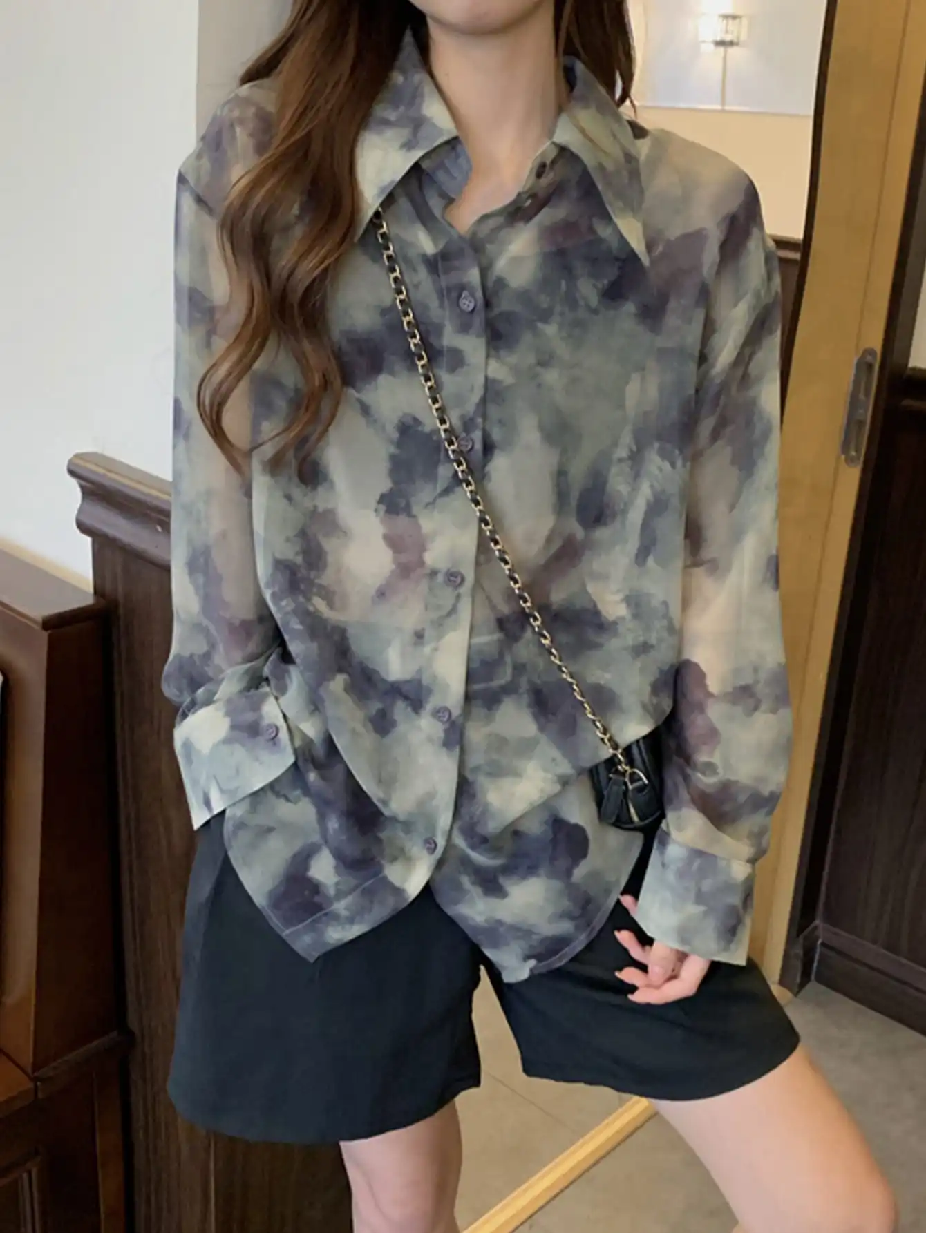 

Korean Chic Autum Design Ink Painting Tie-Dye Long-Sleeved Shirt, Sense of Design, Light and Breathable Shirt for Women
