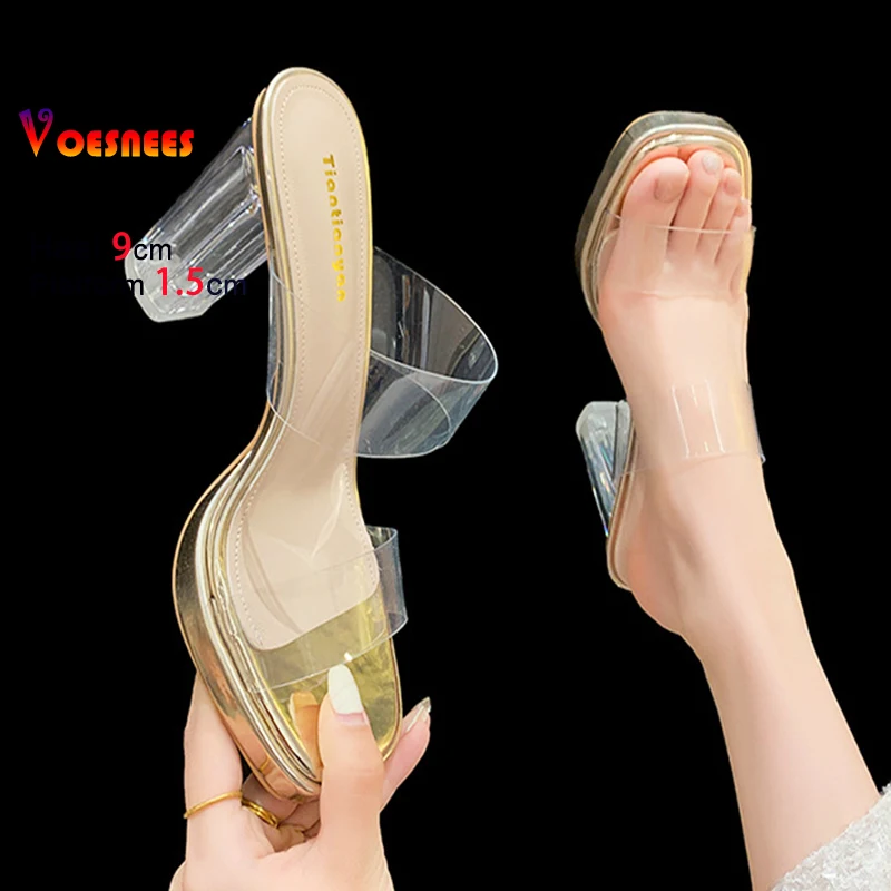 الذهب والفضة النساء شفافة بولي كلوريد الفينيل واضح عالية الكعب النعال 9 سنتيمتر الصنادل الكريستال الشرائح ساحة تو الصيف السيدات خارج الأحذية #3