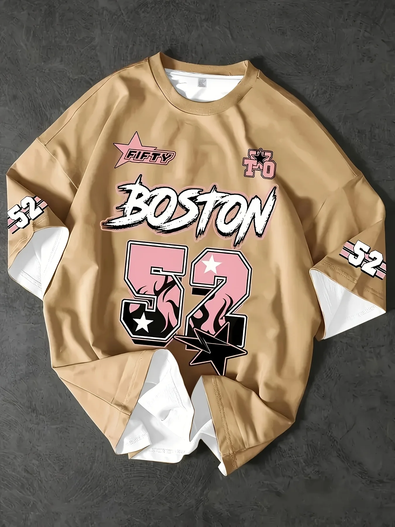 Men's Boston 52 Graphic Fake Two Piece T-Shirt Streetwear Oversized Short Sleeve Tee American Vintage Basketball Style Top Male