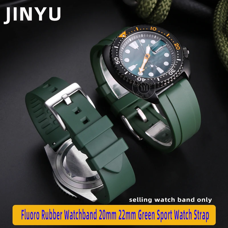 20mm 22mm Green Fluoro Rubber Watchband Sport Watch Strap Waterproof silicone For Seiko for Rolex Omega Men's wristband Bracelet