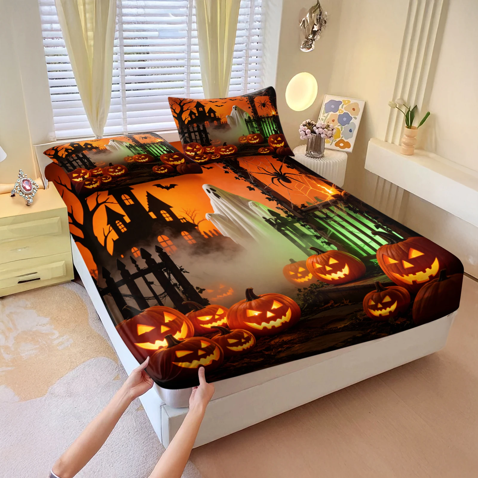 Halloween Fitted Sheet Set Haunted House Ghost Pumpkin Bat Spider Print Elastic Deep‑Pocket Mattress Cover With Pillowcase