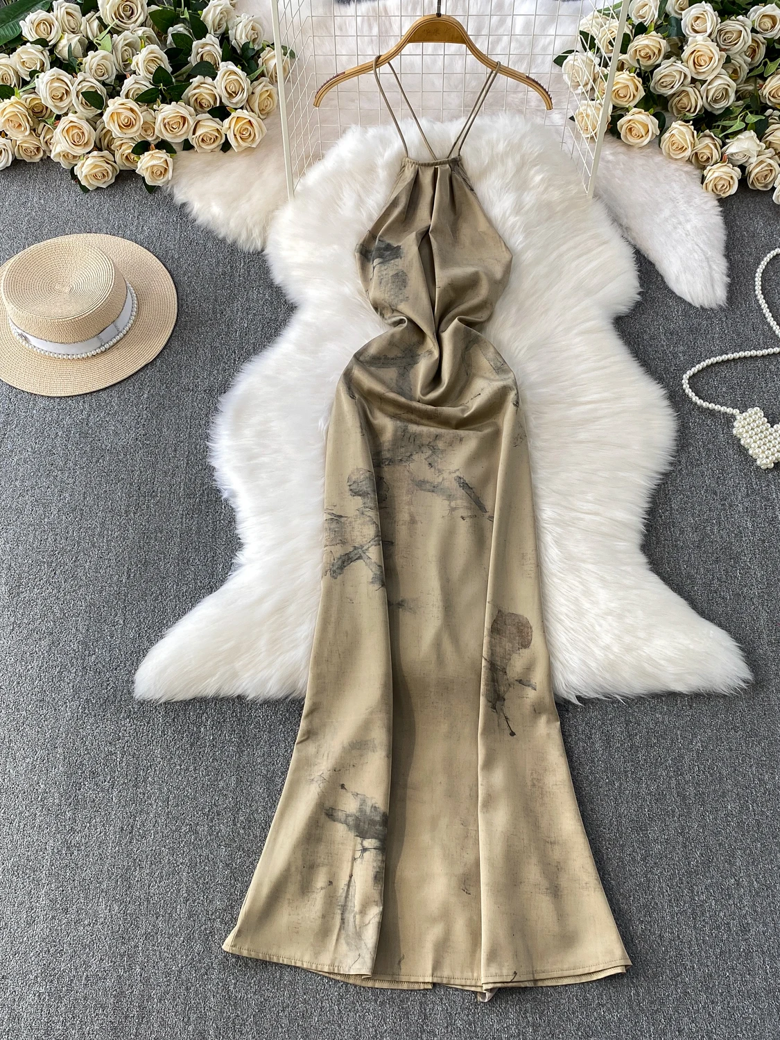 

Ele Chinese Vintage Print Hanging Ne Dr Women's Autumn Winter Pure Desire Bal Sa Waist Cinching Long Dr