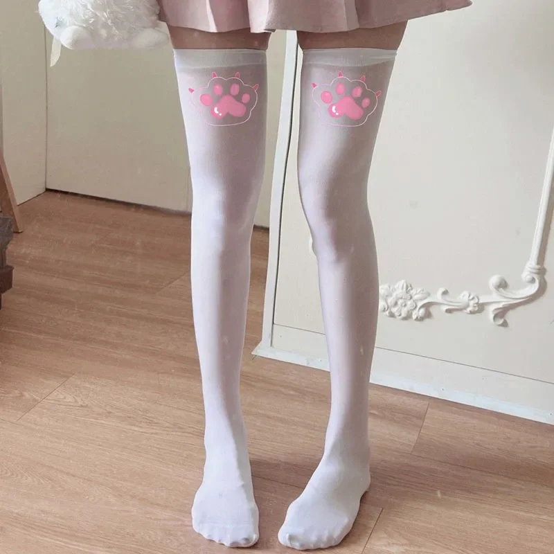 Kawaii Cat Paw Thigh Socks White Print Long Socks JK Harajuku Expression Over Knee Thigh High Stockings Japanese Cosplay Socks