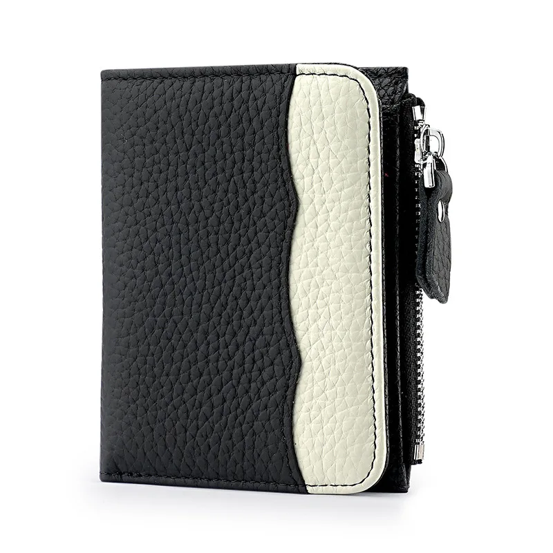Western RFID Blocking Cowhide Leather Contrast Color Women Wallet Multifunction Zipper Coin Purse for Ladies