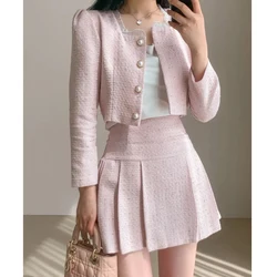 Autumn Winter round Neck Short Jacket High Waist Slimming Pleated Skirt Set Small Fragrance Style Two Piece Suit Fashionable ...