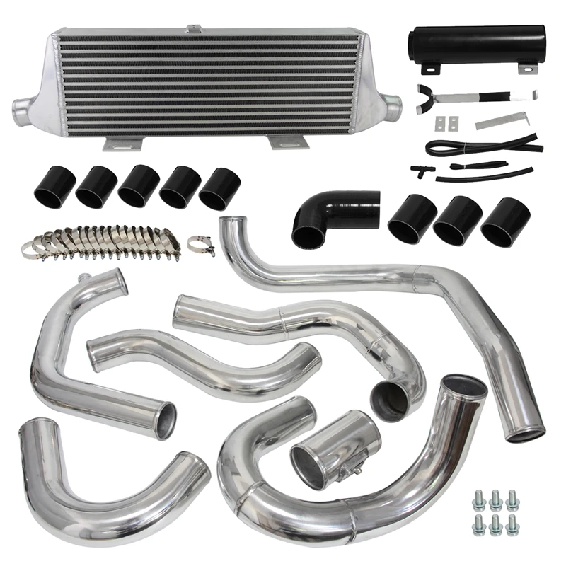 Polished Aluminum Front Intercooler with Pipe Kit & Overflow Tank Fits for Subaru Impreza WRX STI 2002-2007 EJ20 EJ25