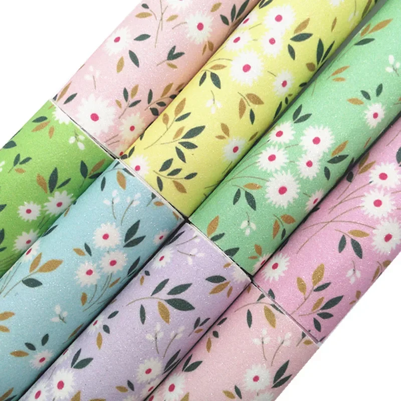 Pastel Colors Small Daisy Flowers Printed Fine Glitter Faux Vinyl Leather Fabric Knited Backing Leather For Bow 21X29CM FZ305B