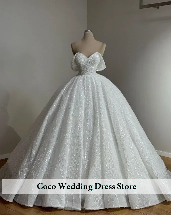 Customized Sparkly Princess Pearls Beade Off Shoulder Wedding Dress Church Garden Glitter Sweetheart Bride Dress
