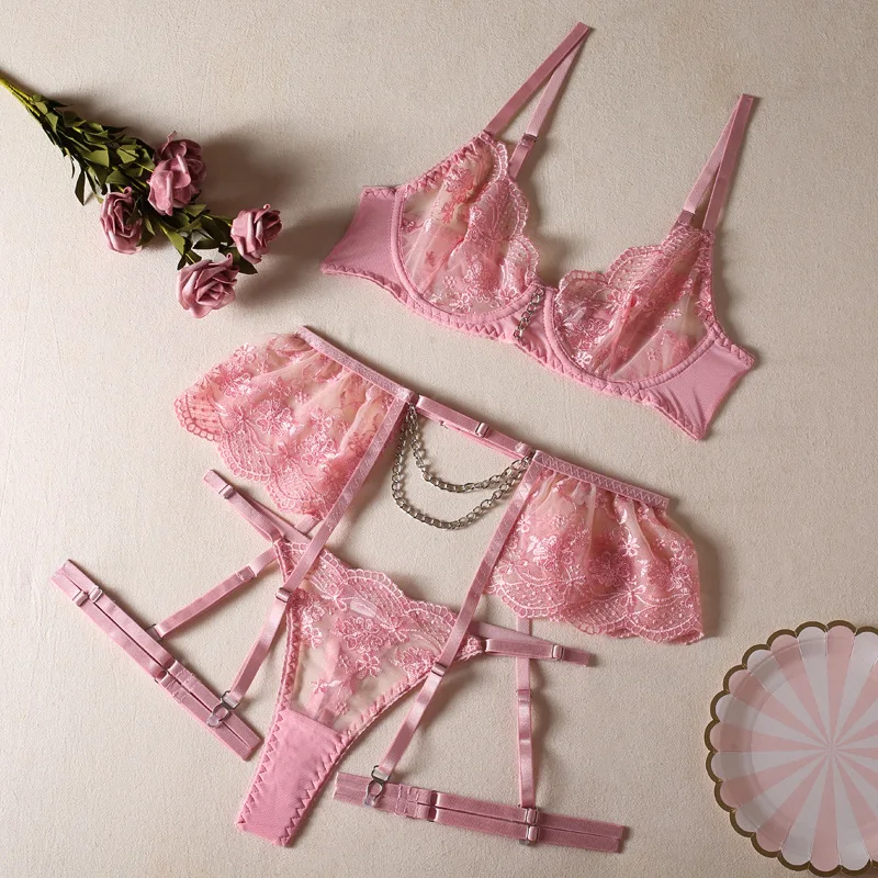 

New pink embroidered bra and chain see-through sexy lingerie set in stock on AliExpress Amazon Europe Cross-border