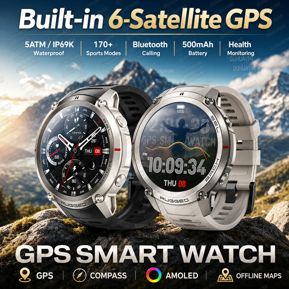 Outdoor Triathlon GPS Offline Map Smart Watch 6-Star Positioning 5ATM Waterproof Compass Altimeter 170+Sports Men Military Watch