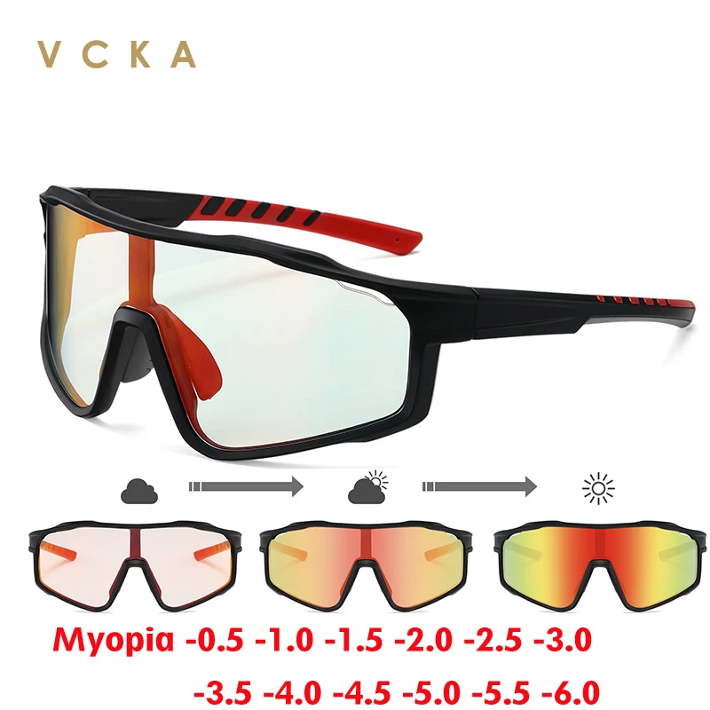 VCKA Sports Photochromic Myopia Sunglasses  Men Women Outdoor Riding Polarized Eyewear Custom Prescription Glasses -0.50 to -6.0