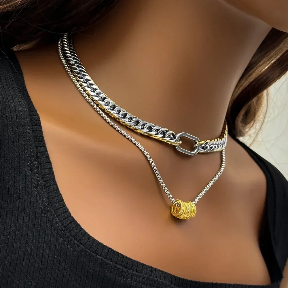 2024 New Design Jewelry Waterproof 18k Gold Plated Stainless Steel Two Tone Cuban Chains Choker Zircon Charm Necklace for Women