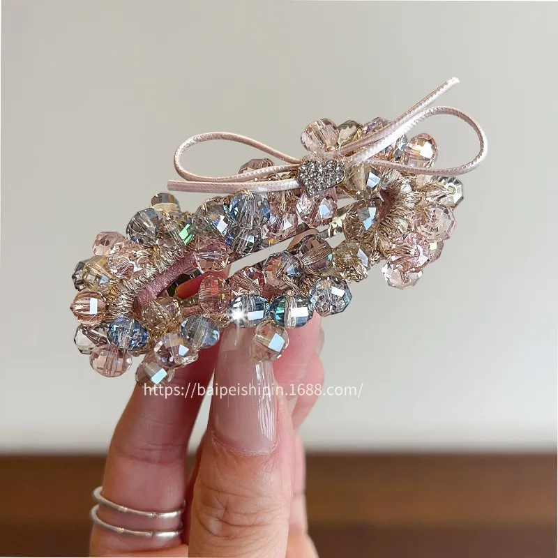 

Korean Crystal Rhinestone Bow Hair Clip Elegant Side Swept Barrettes for Bangs Flyaways Minimalist One-Pin Hairpin for Women