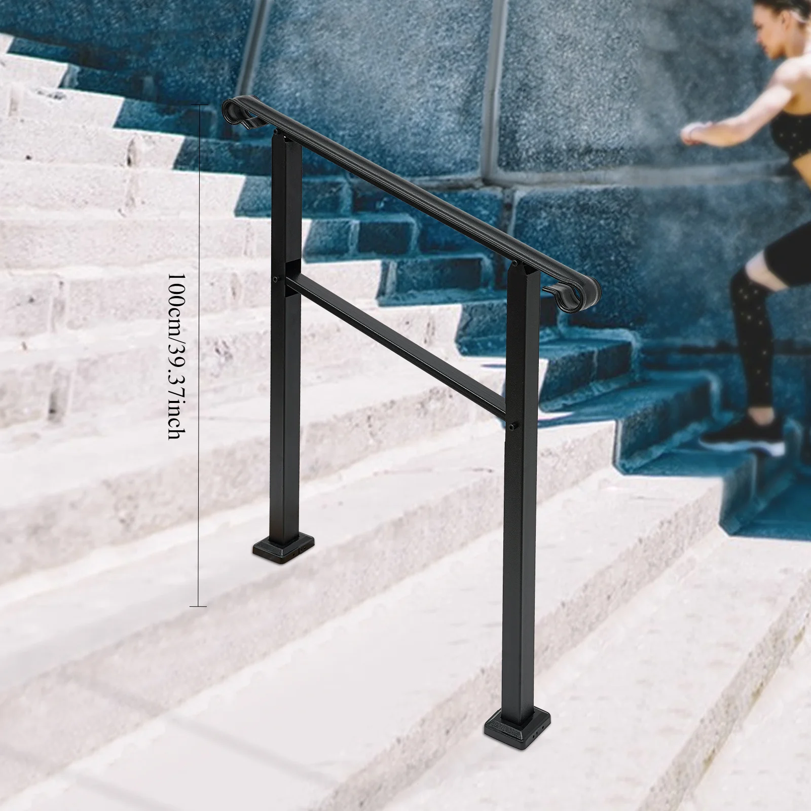 3FT Black Wood Handrail - Outdoor Safety Railing for Stairs & Porches, Quick Install