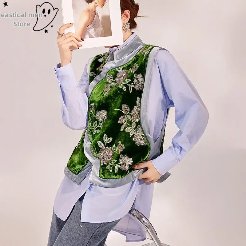 Green Sleeveless Qiao Top Women Luxury Velour Embroider Glitter Flower Chesongam Costume Vintage Tang Clothes Vest Tops Hanfu