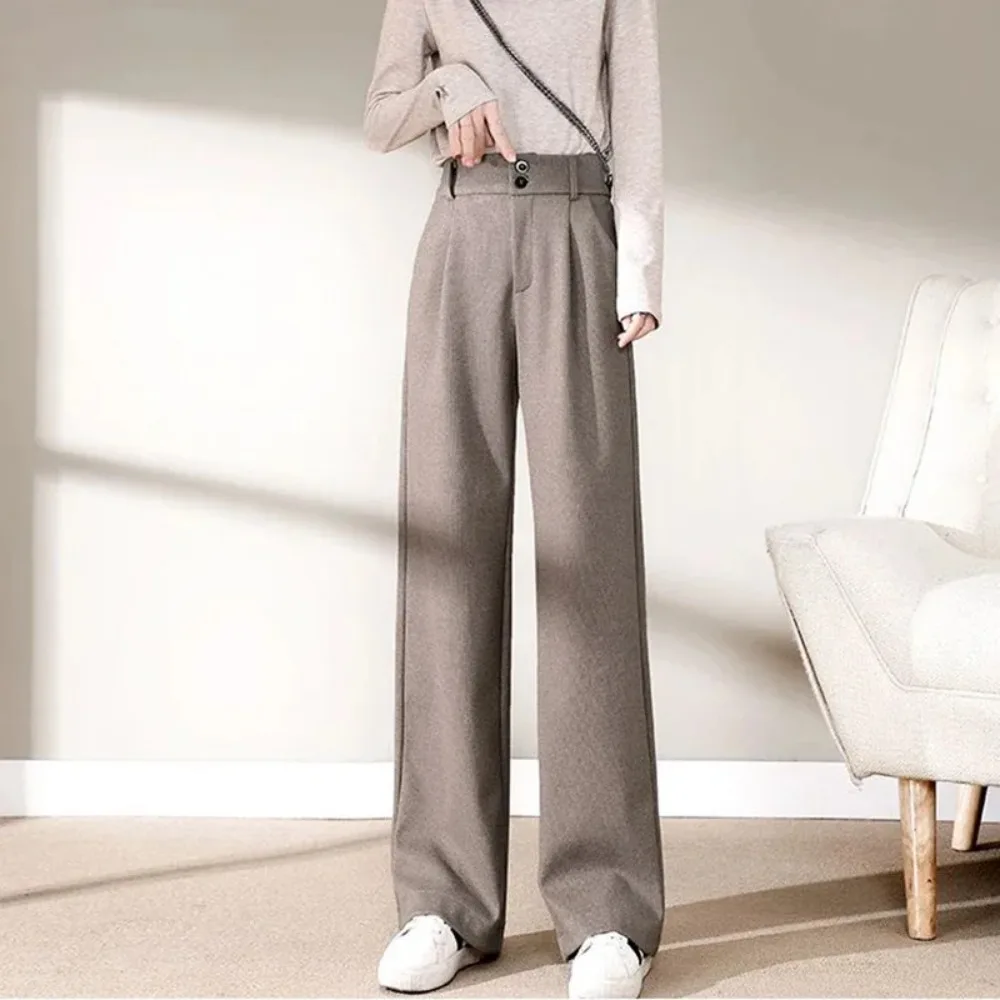 Autumn Winter Female Classic Daily Woolen Pants Girls Narrow Straight Leg Trousers Lady Solid Thicken High Waisted Pants