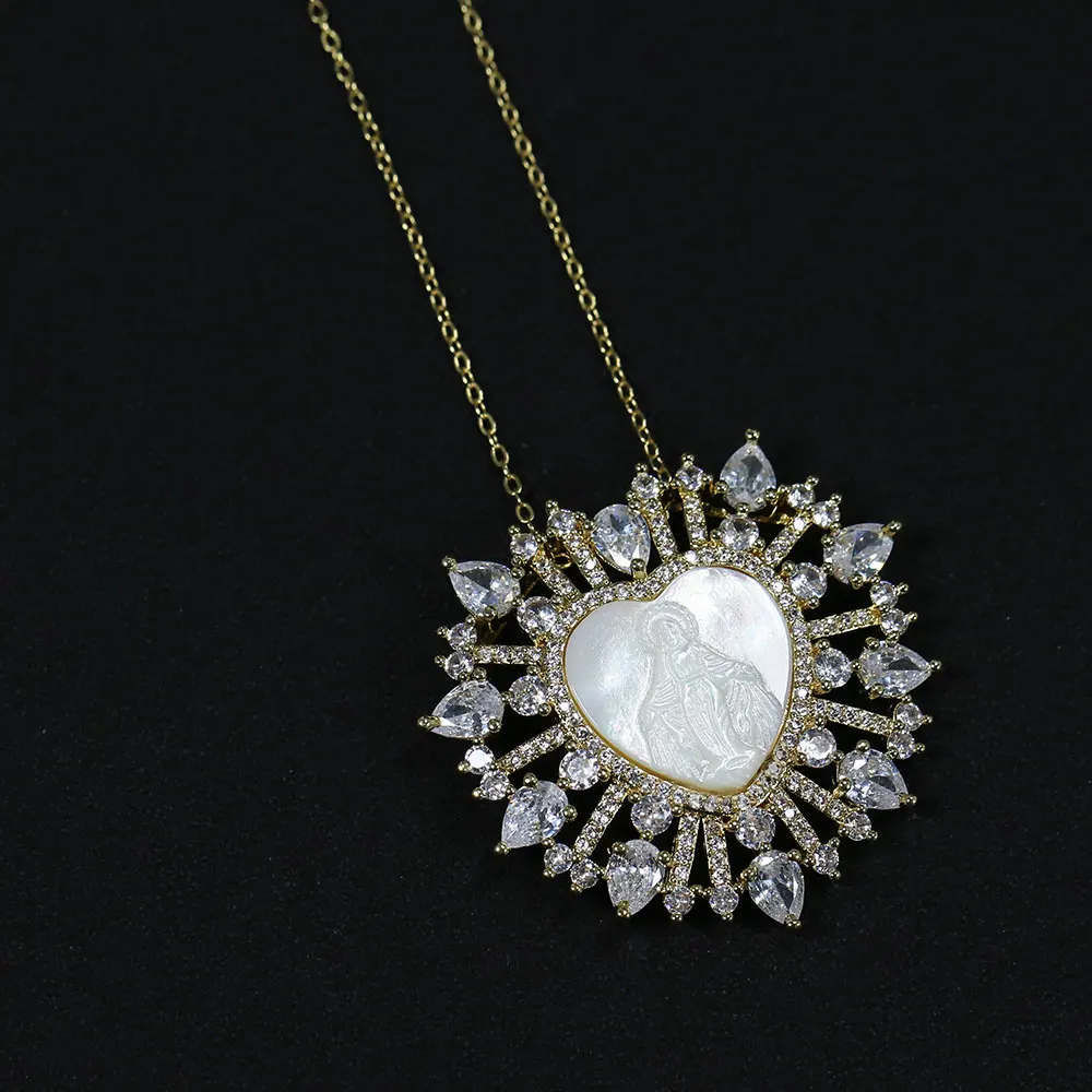 G-G White Shell MOP Cameo Virgin Mary CZ Micro Pave Heart Pendant Chain Necklace