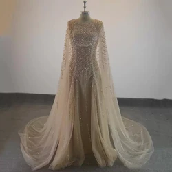 Elegant O-neck with Cape Sheer Tulle with Crystal Beadings Formal Evening Dresses Floor Length Back Zipper Prom Party Gowns