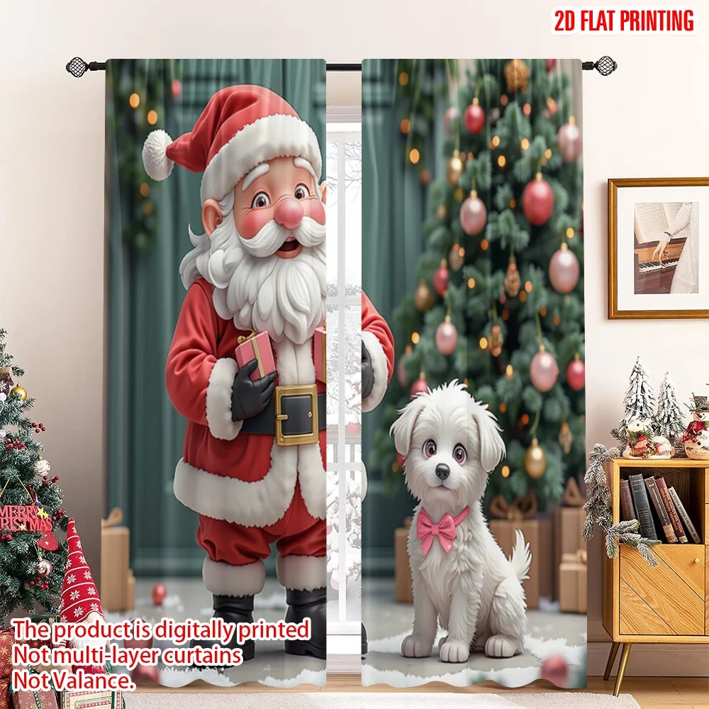 

2pcs 2D flat printing Christmas Window Drapes Santa Claus Presents Dog Polyester Without Electricity Party & Holiday Decor for