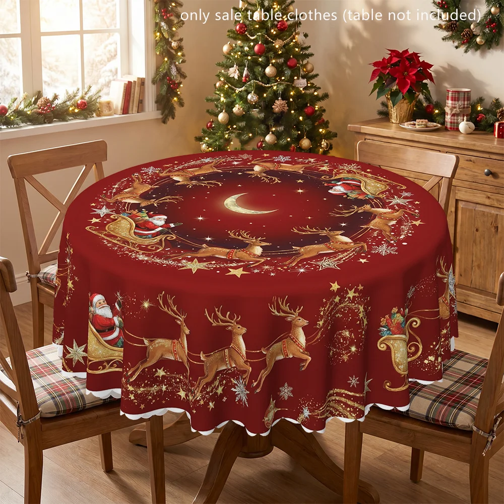 Round tablecloth, indoor and outdoor - Santa and reindeer sleigh print, Arctic theme