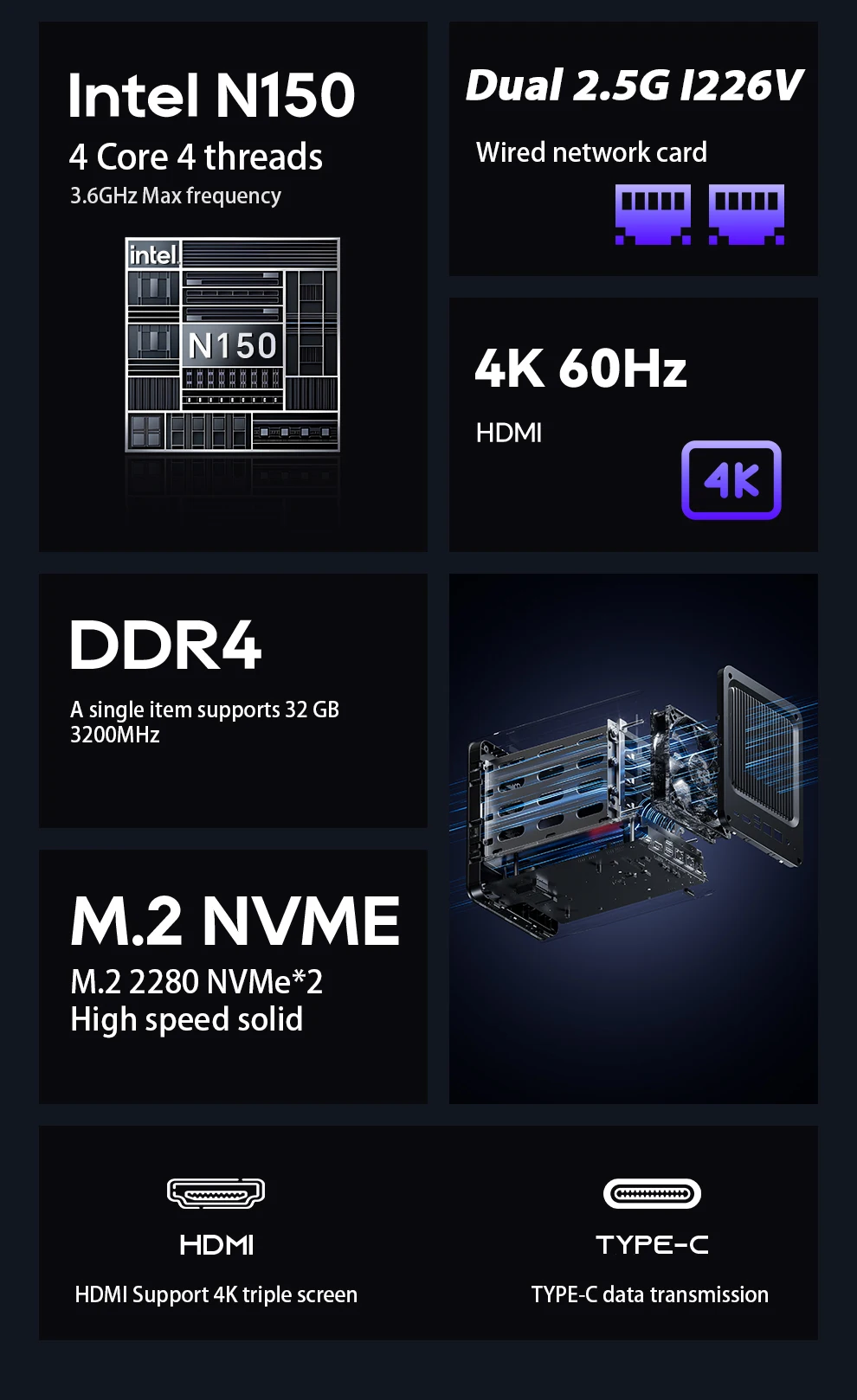 WTR Pro 6 Bay NAS Mini PC Intel Twin Lake N150 DDR4 3200MHz M.2*2 2280 NVMe 3.5 SATA x 4 2.5G LAN سطح المكتب NAS DIY الكمبيوتر #3