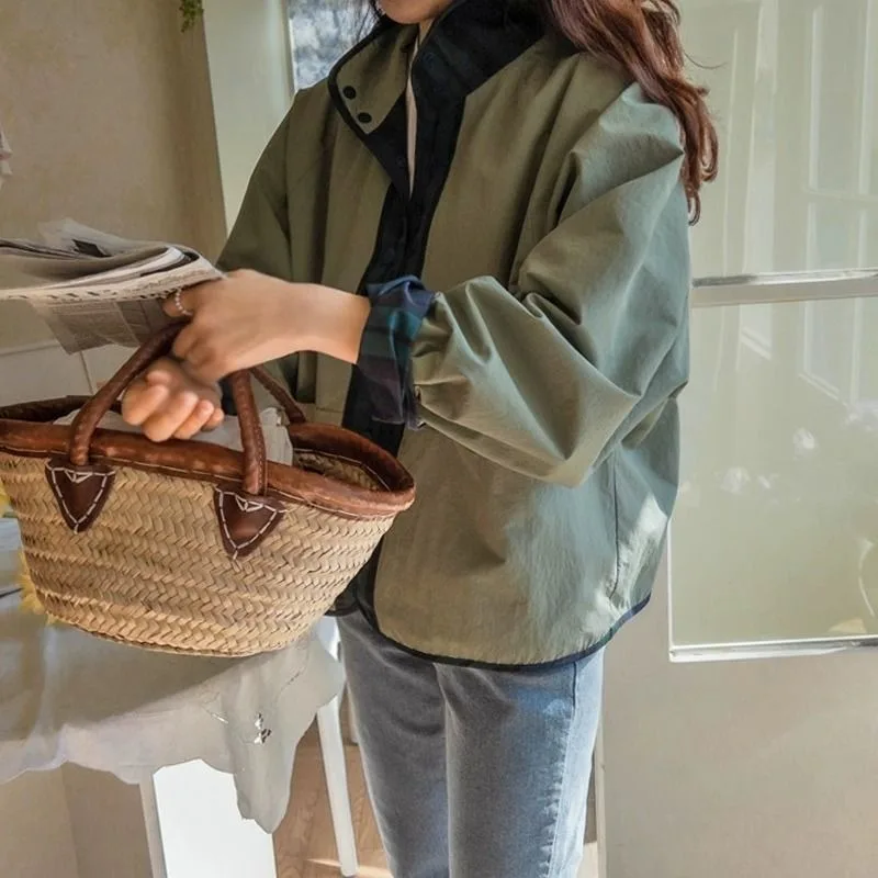 Women's Clothes Reversible Wear Versatile Plaid Short Jacket Spring Autumn Coats New Korean Loose Petite Short Trench Coat Tops