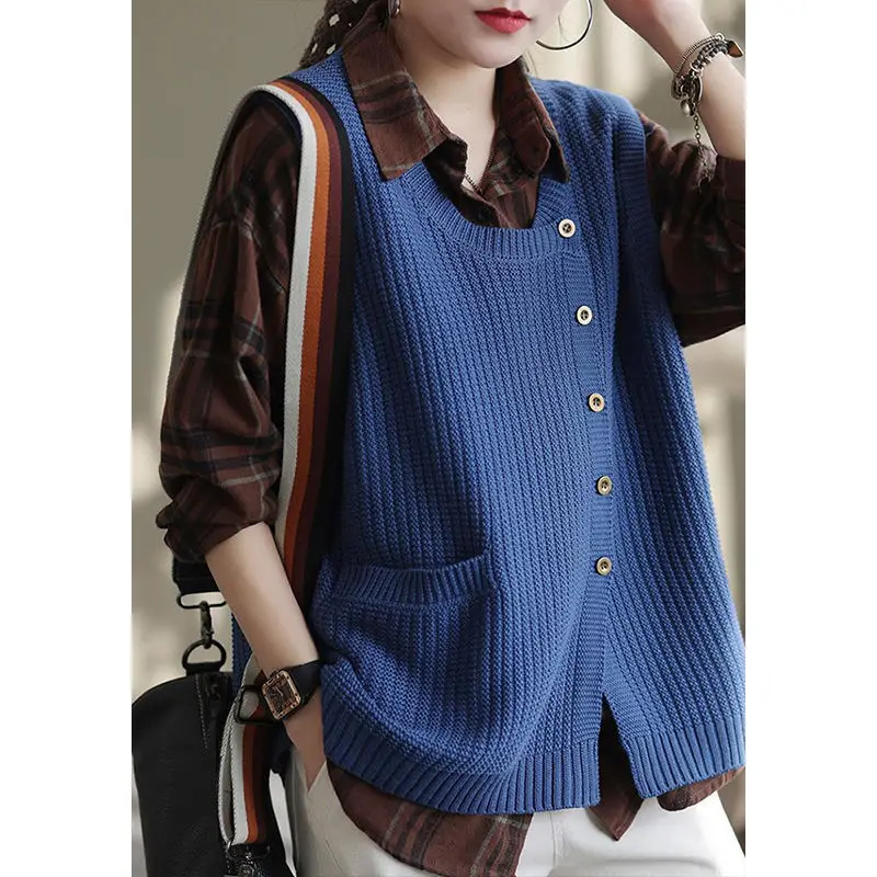 Retro Round Neck Vest Women\'s Spring and Autumn 2023 New Loose Solid Large Cardigan Sleeveless Knitted Tank Top