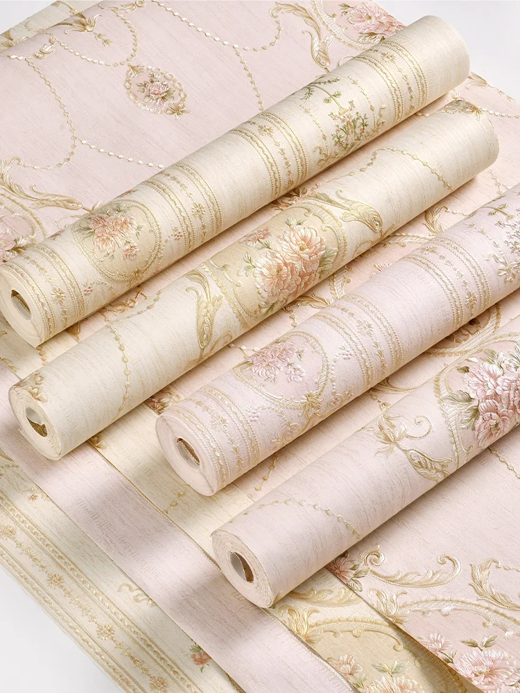 European 3D Relief Damascus Wallpaper Bedroom Shop Living Room Background Pink Floral Striped Wall Paper AB Match