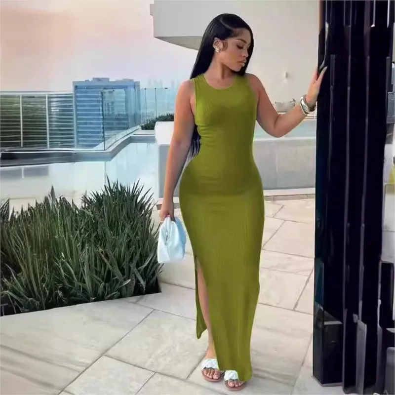 Abiti lunghi da donna sexy Abito estivo casual senza maniche con gilet Abito aderente da festa con spacco alto Abito tinta unita Femme