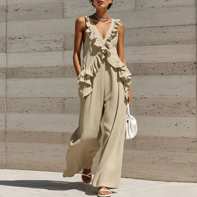 Trendy Solid Backless Loose Jumpsuit Lady Elegant 3d Ruffled Sleeveless Beach Playsuit Casual Deep V-Neck Shoulder Length Romper