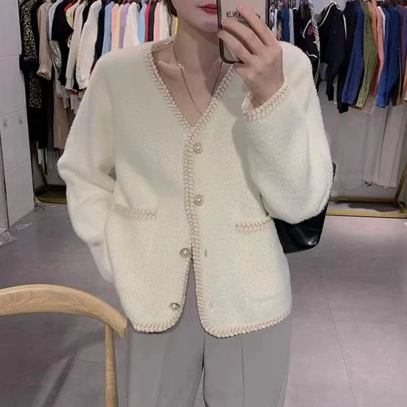 Temperament Faux Mink Cardigan Women Elegant Pearls Button Up Coats Woman 2025 Spring Autumn Fashion V-Neck Cardigan Female