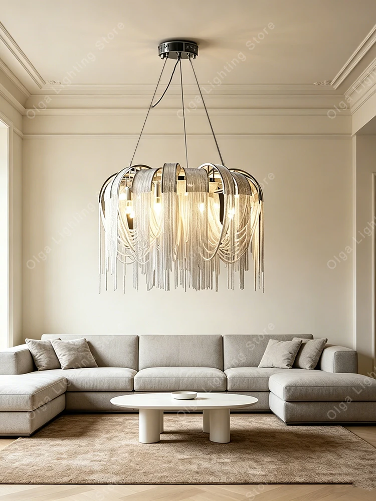 for Living Room Decorative Suspend Lighting Fixture Chandelier Modern Tassel Aluminum Chain LED Hanging Pendant Lights Lustre