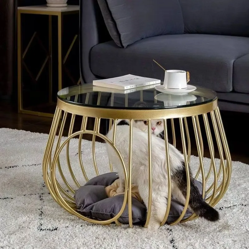 Nordic Style Glass Coffee Table Integrated Cat Nest Dual Purpose Living Room Decor Pet Furniture