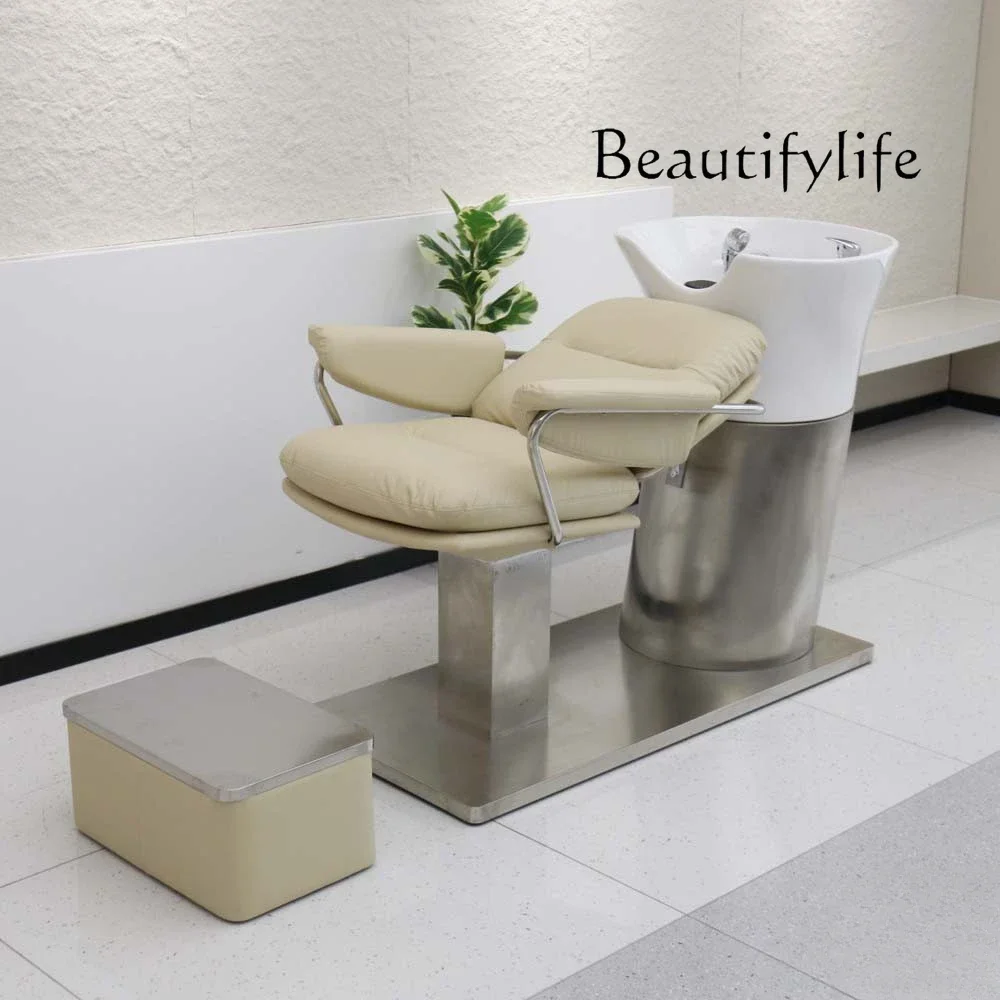 New shampoo bed hair salon half lying flush bed ceramic basin stainless steel base hair salon special