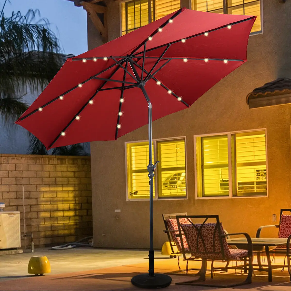 

10FT Patio Solar Umbrella LED Patio Market Steel Tilt W/ Crank Outdoor New