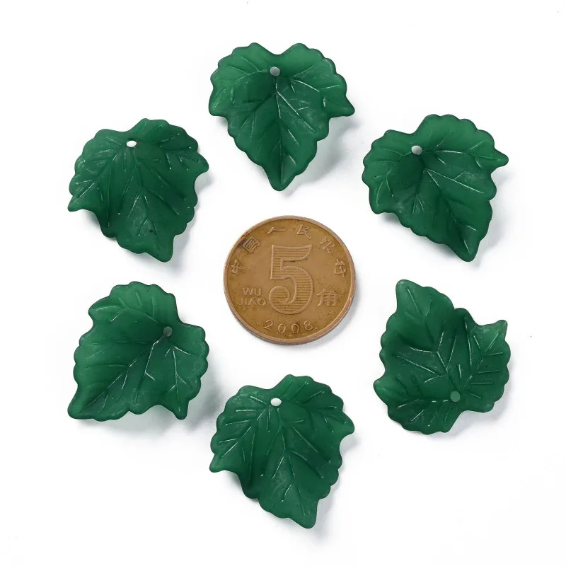 100 pc Autumn Theme Transparent Frosted Acrylic Pendants Maple Leaf Dark Green 24x22.5x3mm Hole: 1mm