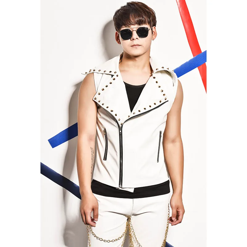 Plus Size Men's Rivet Leather Vest Three-piece Rock Hairdresser Costume Bar Male Singer DJ Vests Coat Stage Performance Jackets