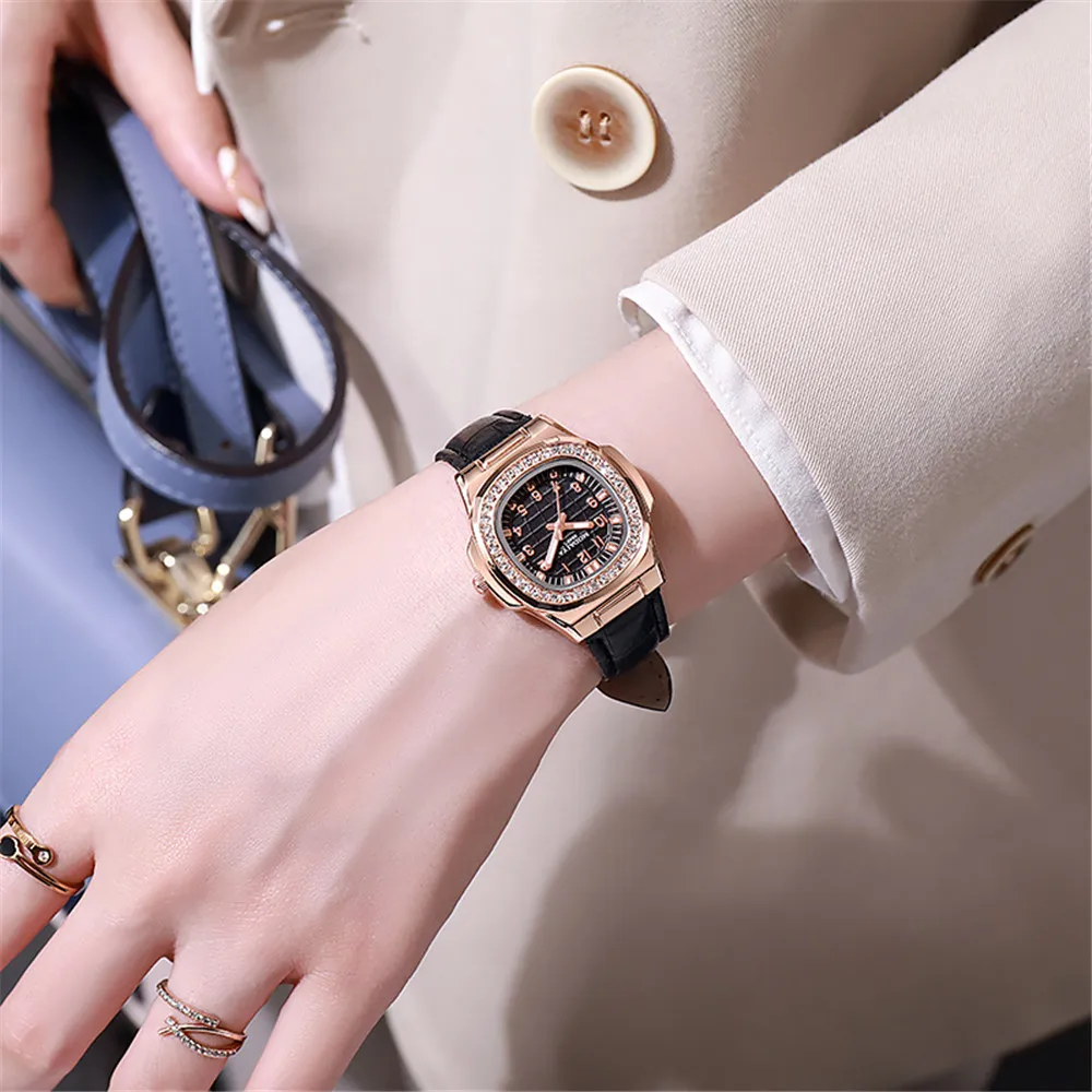 Luxury Ladies Digital Diamond Studded Quartz Watch Fashion 2023 New White Leather Strap Women\'s Dress Clock Watches