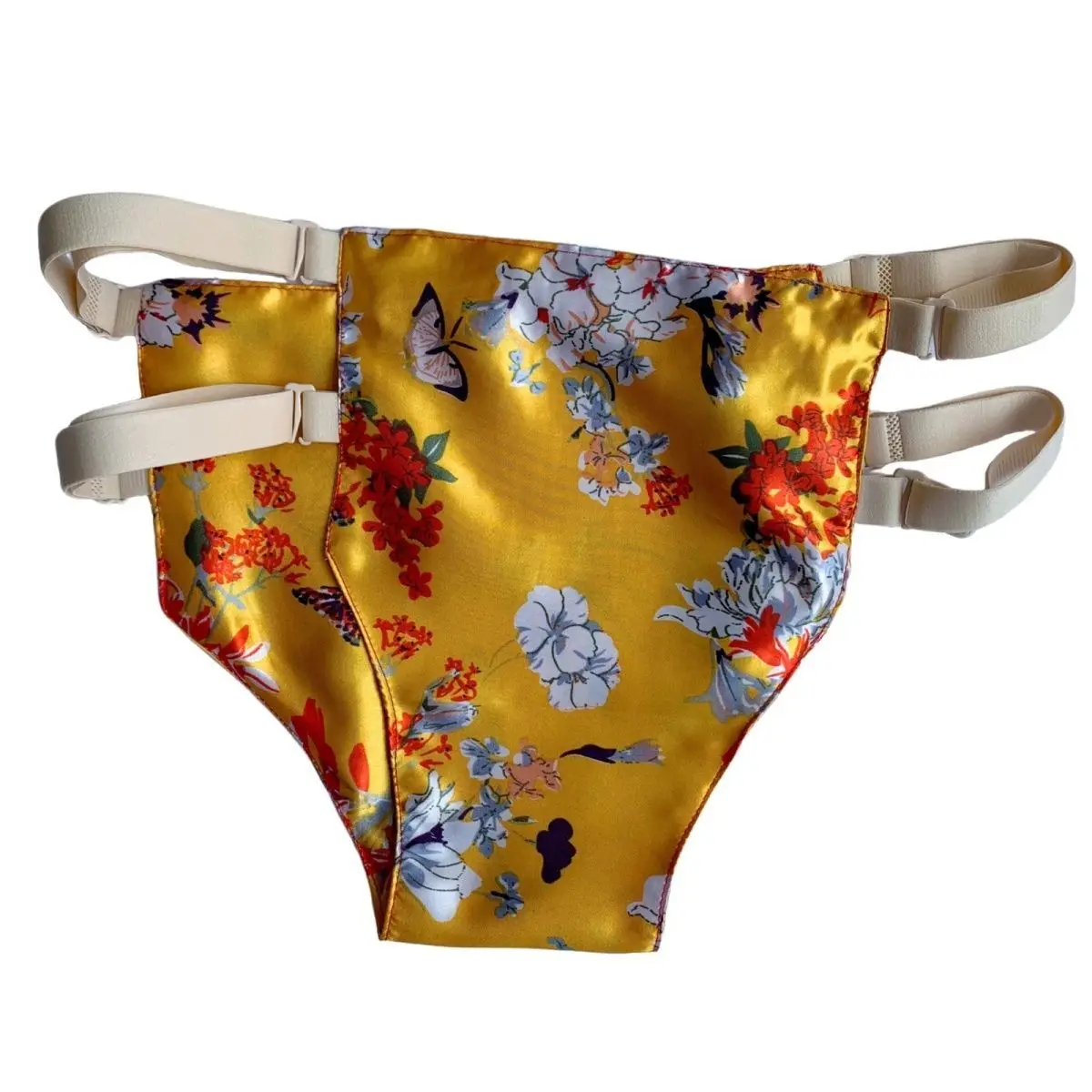 

Glossy Gold Floral Print Sexy Ice Silk Underwears Panties Plus Size Briefs Lingeries Bottoms