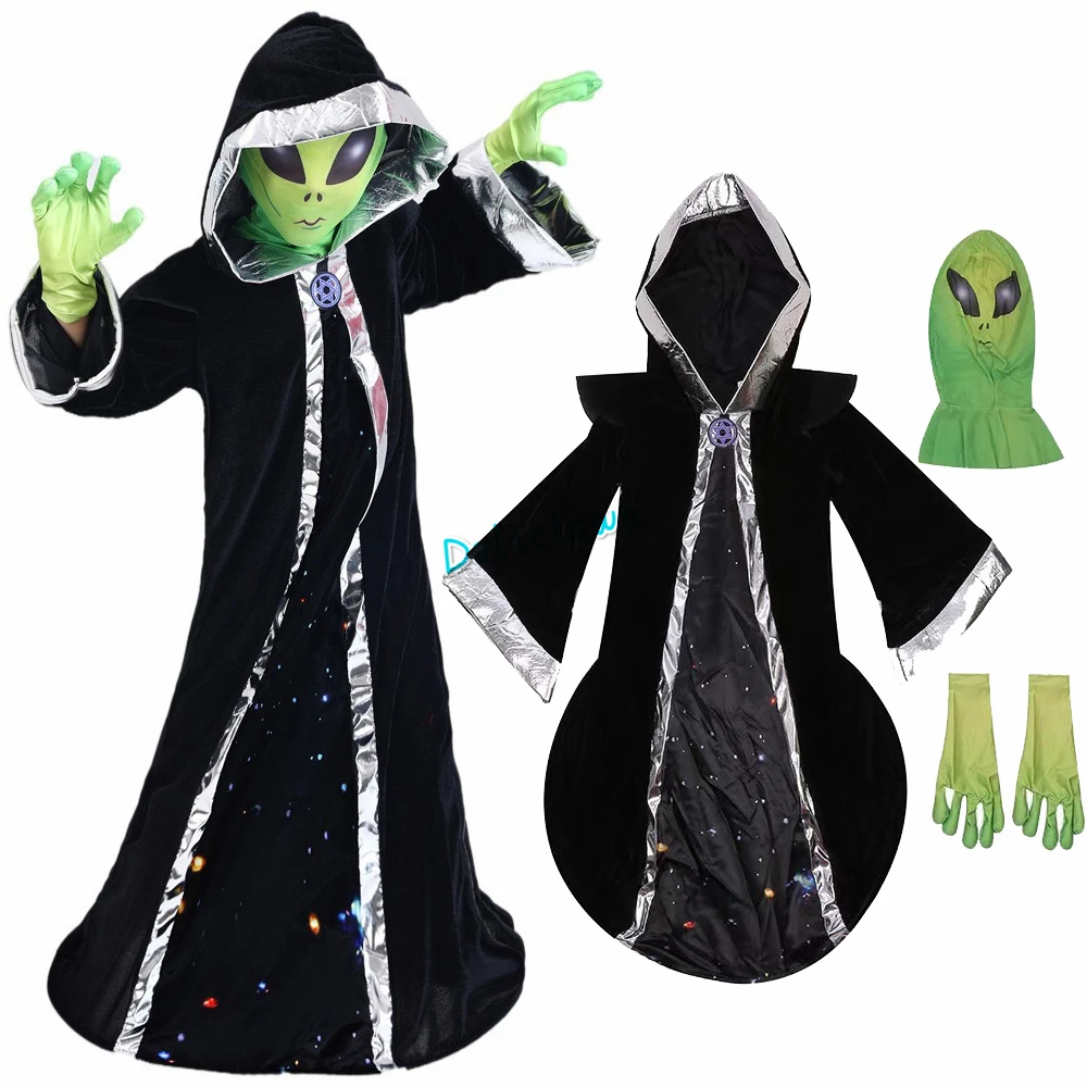 Disfraz del señor Alien ET Green para niños, Cosplay de bruja malvada, Horror, máscara de miedo, traje de Halloween