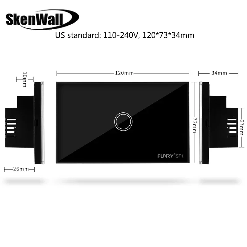 Lichtschalter, 1 Gang, US-Standard, 110–240 V, Touch-Schalter, Sensorschalter, Wandschalter, luxuriöse Glasoberfläche, wasserdicht, 120 x 73 x 34 mm