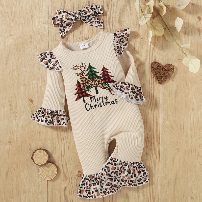 RUEWEY 0 to 18 Months Christmas Baby Girl Leopard Romper Long Flared Sleeve O-neck Jumpsuit+Bow-knot Headband Baby Clothing